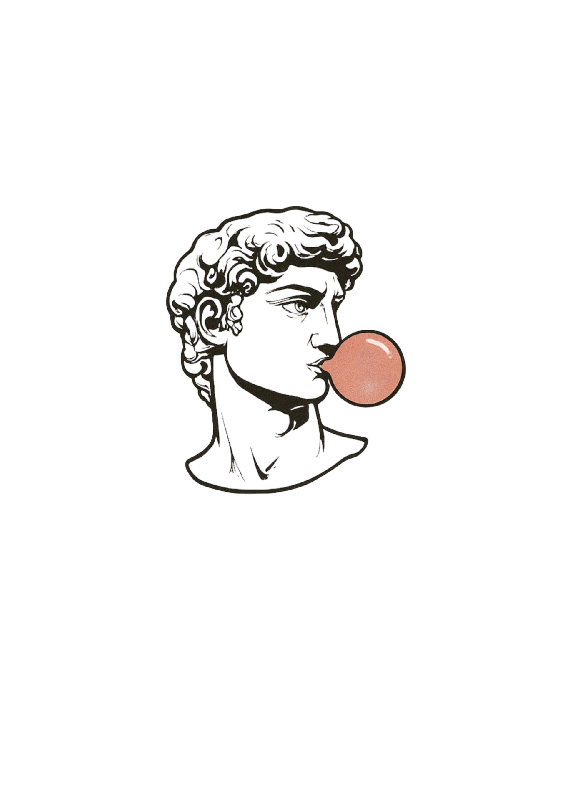Illustration en noir et blanc du buste de David de Michel-Ange soufflant une grosse bulle de chewing-gum rose.
